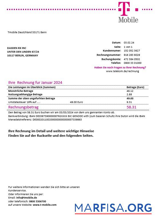 Realistic Germany T Mobile business utility bill template in Word and PDF formats